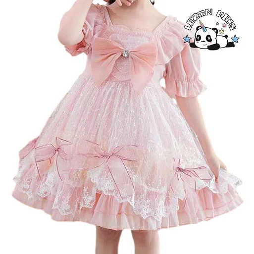 LEZONKIDS - Customizable Wholesale New Innovations Latest Design pink Bows Bottom Lace Sequined  Girls Dresses for Party